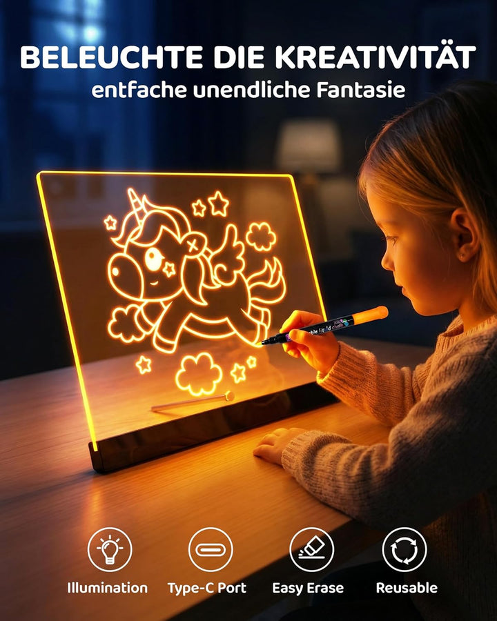 KOKODI LED Zeichentafel für Kinder, leuchtendes Malbrett 37x27 cm mit 7 Stiften, USB-C, kreatives Le