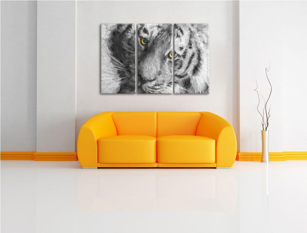 bildschöner Tiger schwarz/weiss Deluxe 3-Teiler Leinwandbild 120x80 Bild auf Leinwand, XXL riesige B
