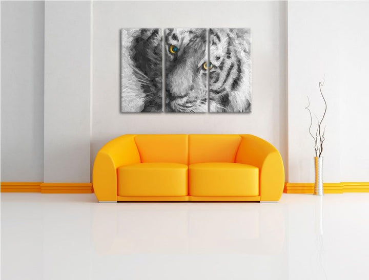 bildschöner Tiger schwarz/weiss Deluxe 3-Teiler Leinwandbild 120x80 Bild auf Leinwand, XXL riesige B