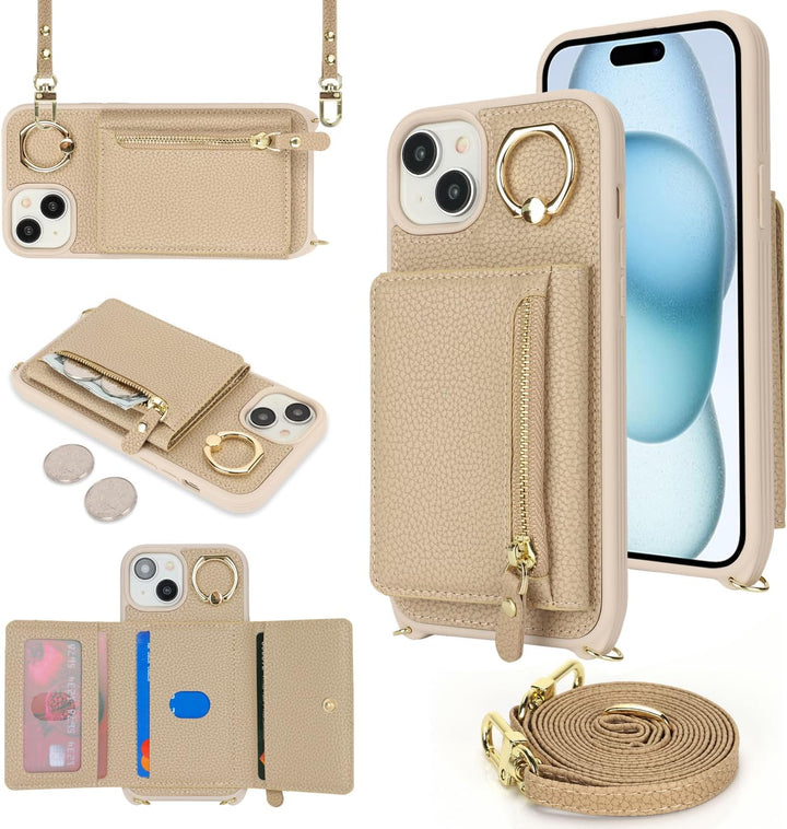 ELTEKER Handyhülle für iPhone 15 Hülle mit Band Kartenfach Ringhalterung Geldbörse,Leder Klapphülle