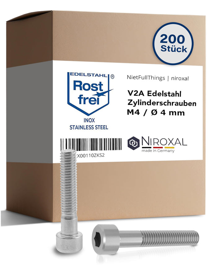 Edelstahl Zylinderkopfschraube rostfrei V2A M4 (=4 mm) 50-mm Schrauben-Länge 200 Stück 20-mm Teil-Ge