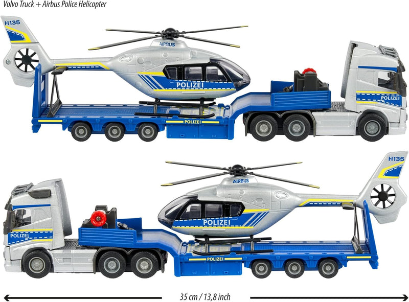 Majorette - Volvo Polizei-Transporter FH-16 (35 cm) – LKW mit Auflieger und Airbus Hubschrauber (25,