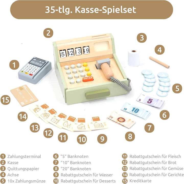 UMU® Kinder Kasse aus Holz - inkl. Zubehör (Scanner, Zahlungsterminal, Spielgeld usw.), Kaufläden &