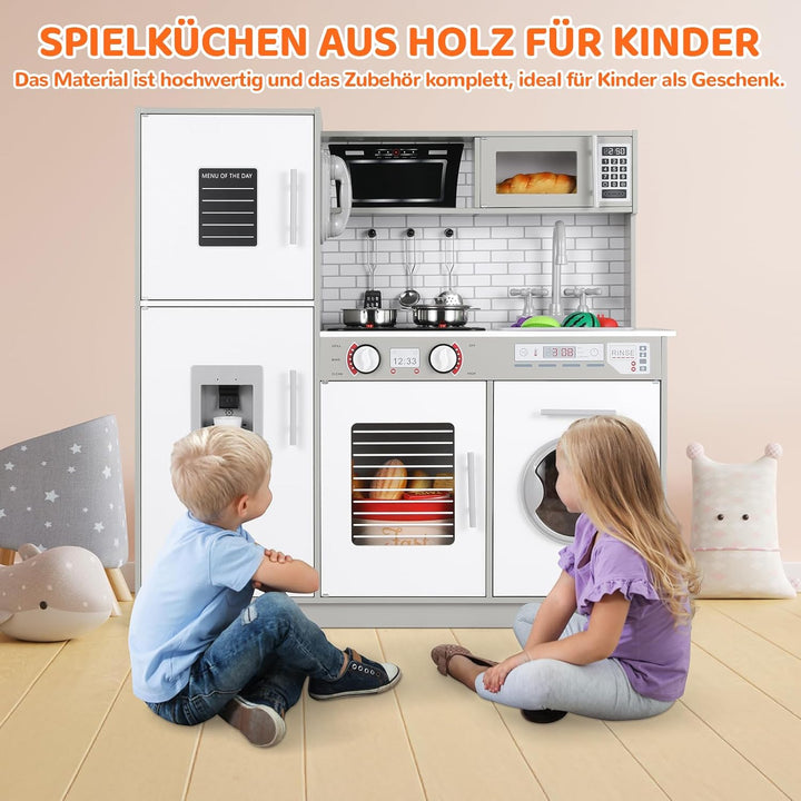 MAMIZO Kinderküche Holz, Spielküchen aus Holz für Kinder, Spielzeugküche mit Licht und Sound, 82x80x