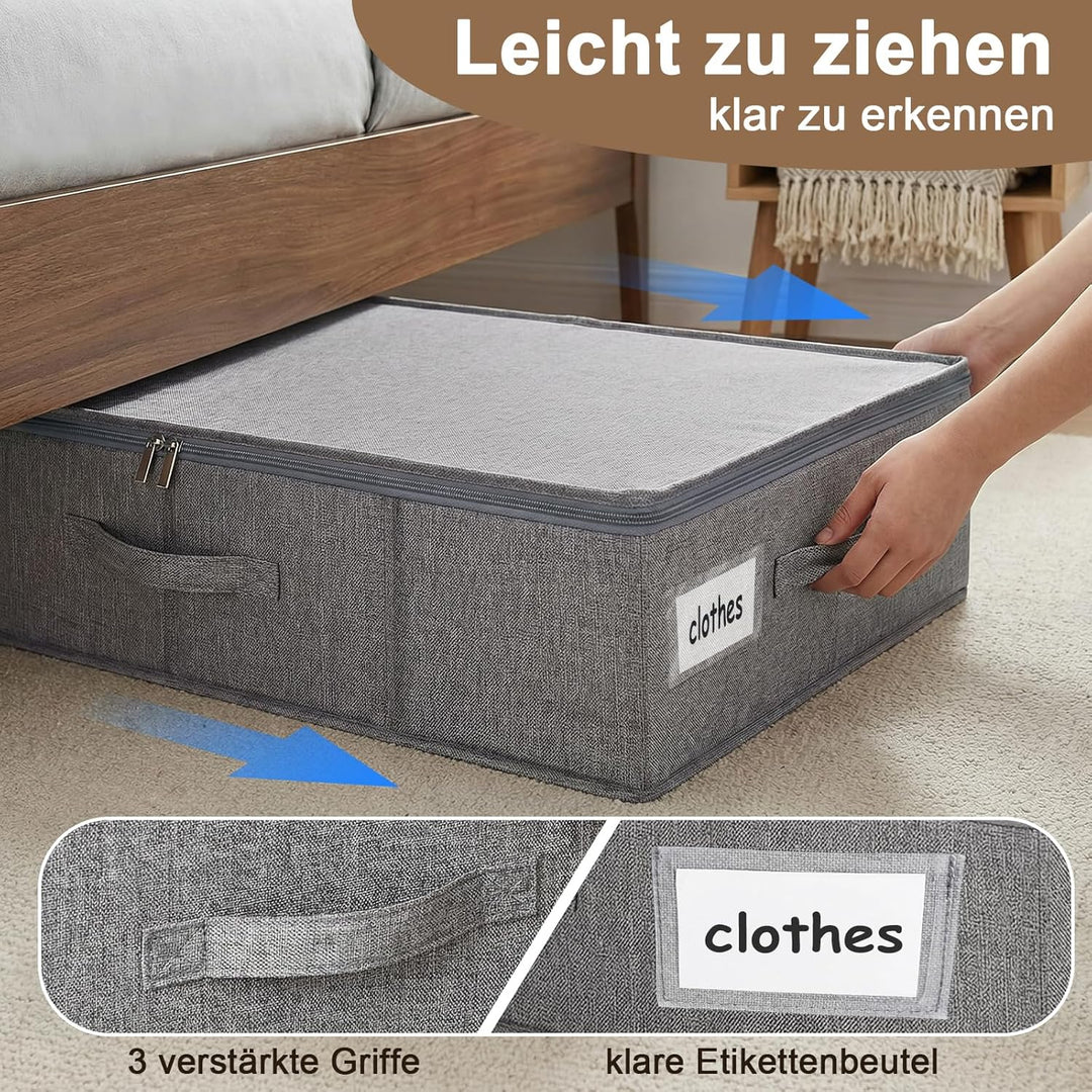 2er Set Unterbett Aufbewahrungsbox 17cm Hoch - Unterbettkommode mit Decke aus Leinenmaterial, 3 Grif