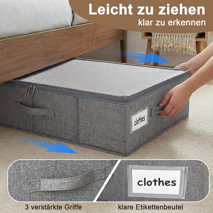 2er Set Unterbett Aufbewahrungsbox 17cm Hoch - Unterbettkommode mit Decke aus Leinenmaterial, 3 Grif