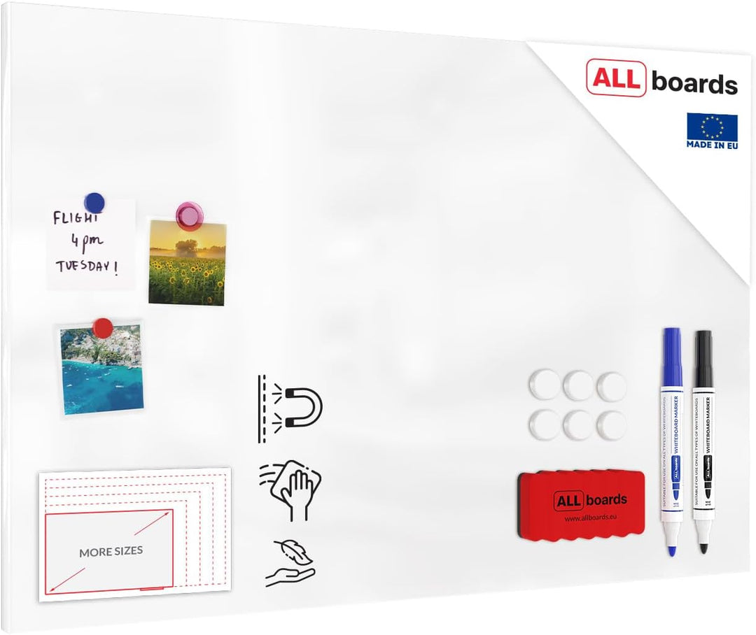 ALLboards Metallische Magnettafel Rahmenlos WEIss CLASSIC WHITE 90x60cm MetalBoards Memoboard für je