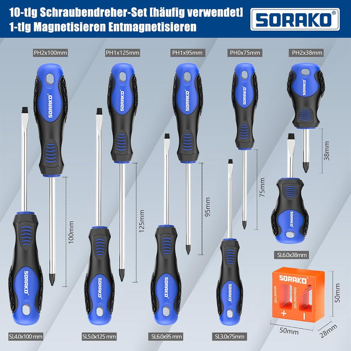 SORAKO Schraubendreher Set,11-tlg schraubendreher set magnetisch mit 2-IN-1 Magnetisierer, magnetisc