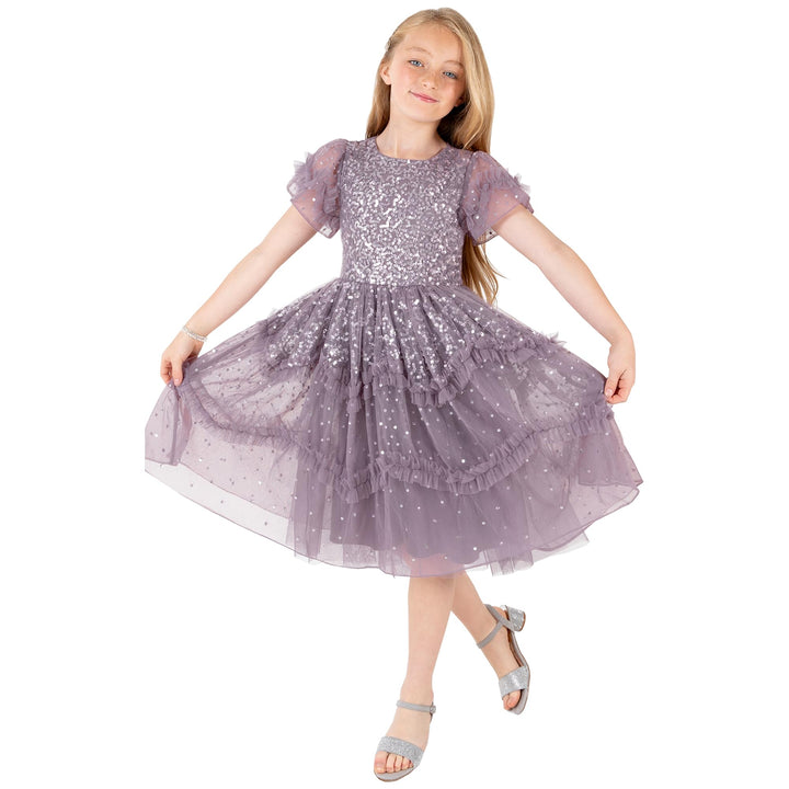 Maya Deluxe Mädchen Girl's Sequin Ruffles Sparkling Party Short Sleeve Midi Wedding Guest Tutu Frill