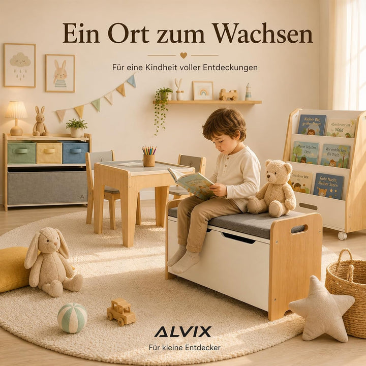 ALVIX Spielzeugtruhe Kinderbank mit Stauraum, Spielzeug Aufbewahrung | Spielzeugkiste mit Soft-Close