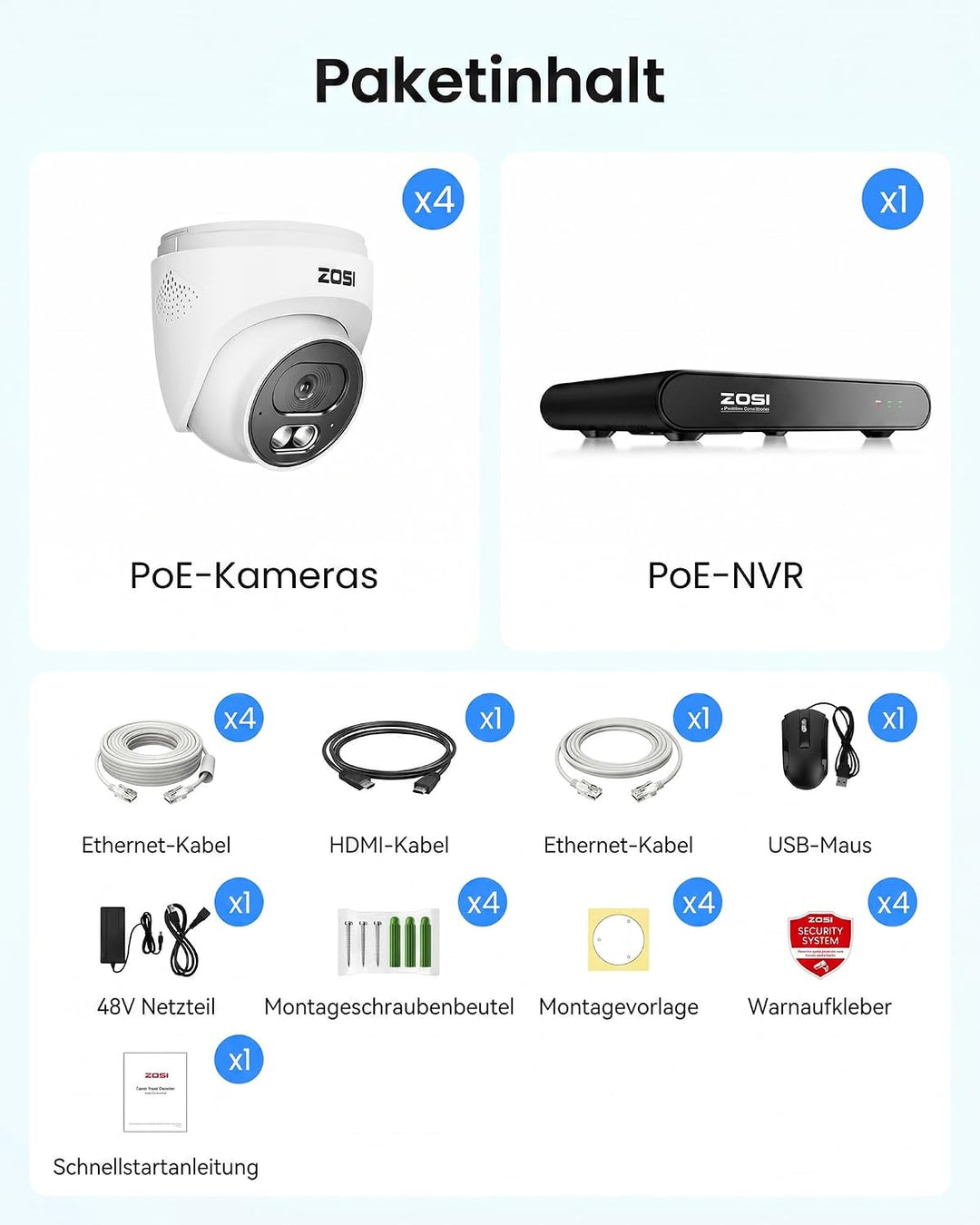 ZOSI 2,5K PoE Überwachungskamera Aussen Set, 8CH 500GB HDD NVR mit 4X 4MP PoE Dome Kameras, KI Perso