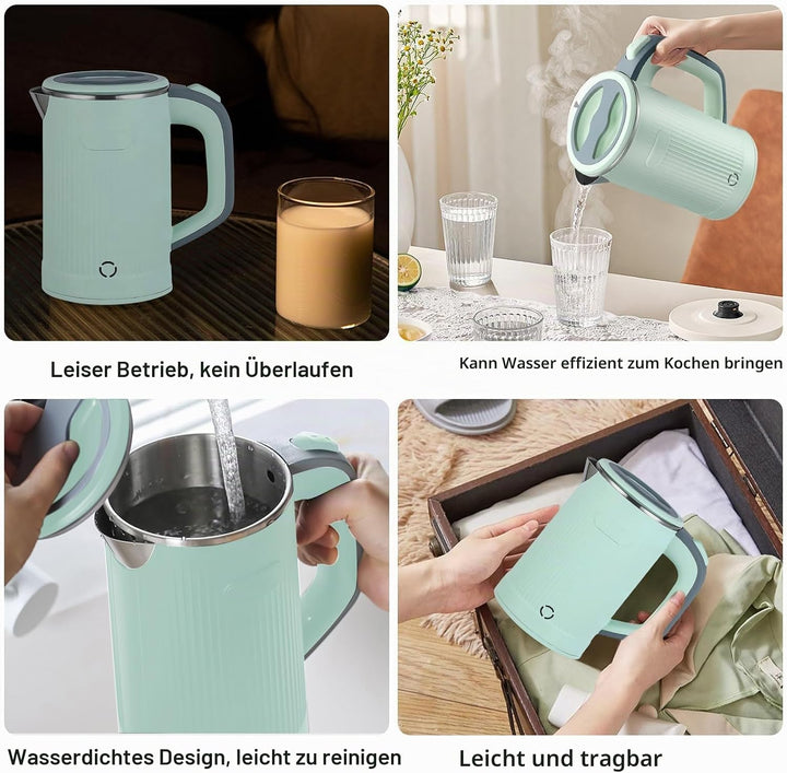 800ML Edelstahl Wasserkocher, 5-Minuten-Schnelles Kochen, Tragbar für Reisen &amp; Hotel (Grün)