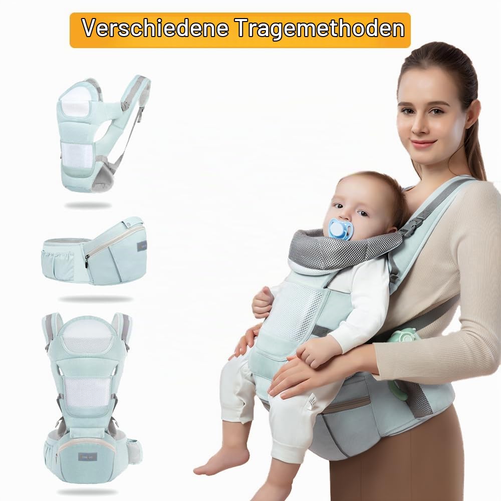 Azeekoom Babytrage Ergonomischemit Hüftsitz, Baumwolle Kindertrage Dorsal und Ventral, Leicht Atmung