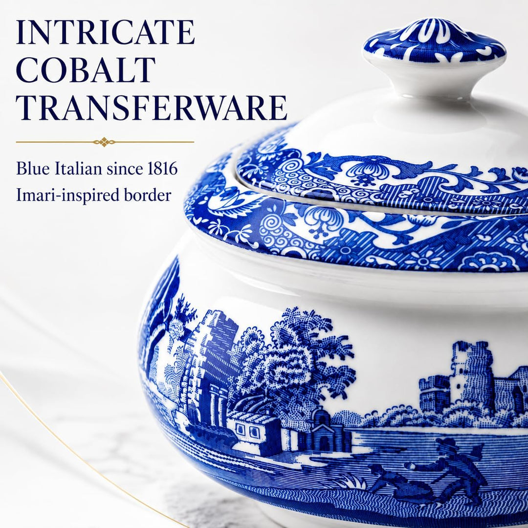 Spode Blaue italienische Zuckerdose mit Deckel.