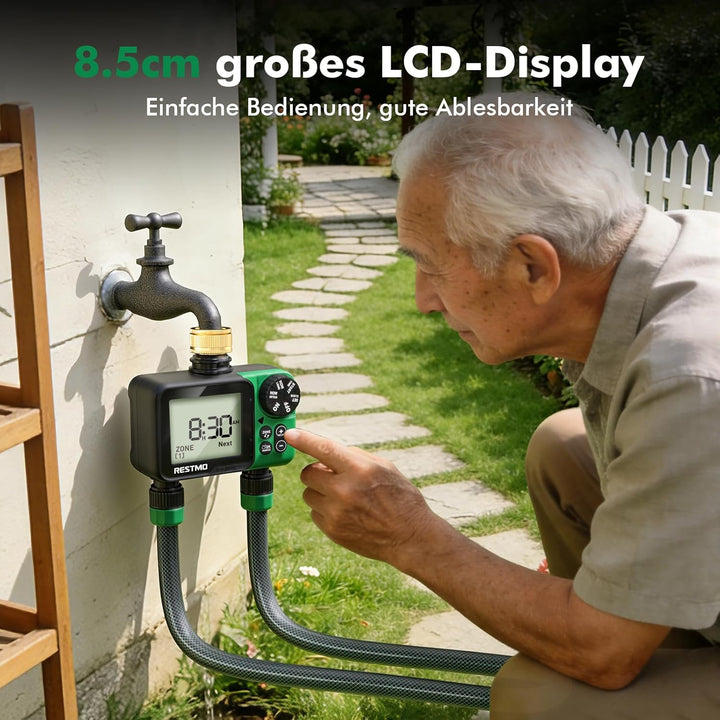 RESTMO 2 Zonen Bewässerungscomputer, grosses Display bewässerungsuhr, automatisch/manuell/Regenverzö
