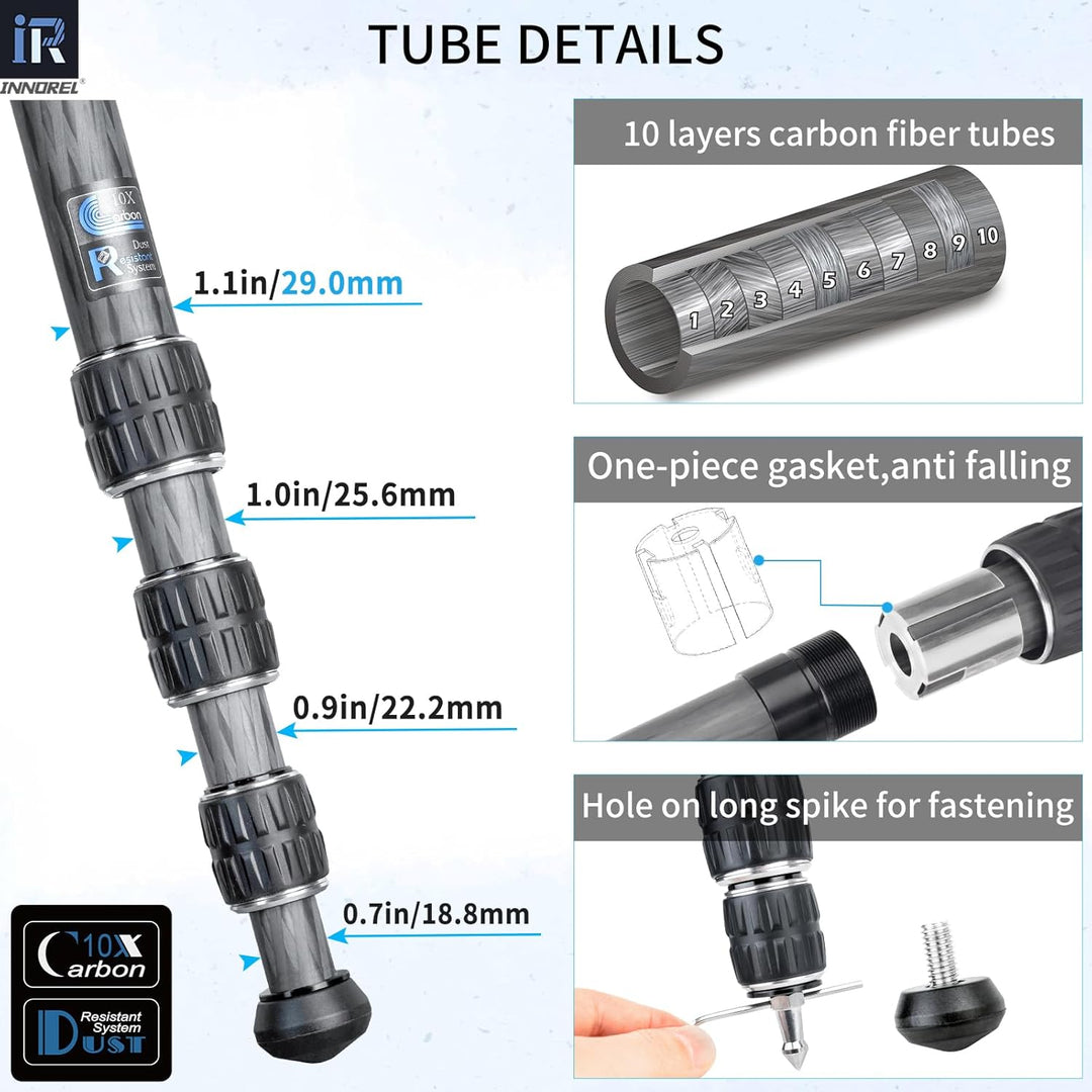 Kohlefaser-Stativ- INNOREL CT75C Super professionelles tragbares Reisestativ für DSLR-Kamera Robuste