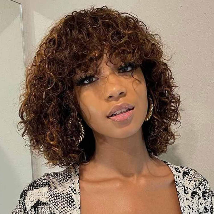 FASHION IDOL Bob Curly Echthaar-Perücken mit Pony Short Curl Bob Perücken Echthaar brasilianische Vi