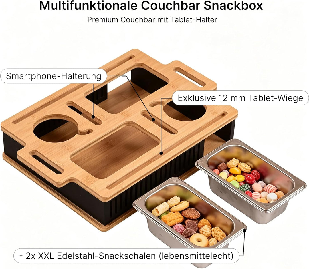 Couchbar Snackbox mit Tablet-Halter – Durchdachte Geschenkidee für Männer & Frauen – Bambus Sofa Tab
