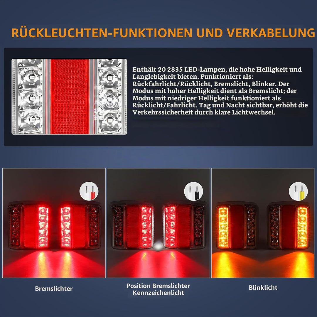 2 Pack 12v Anhängerleuchten mit E-mark, Wasserdichtes LED Rücklicht Kit mit Kennzeichenbeleuchtung,