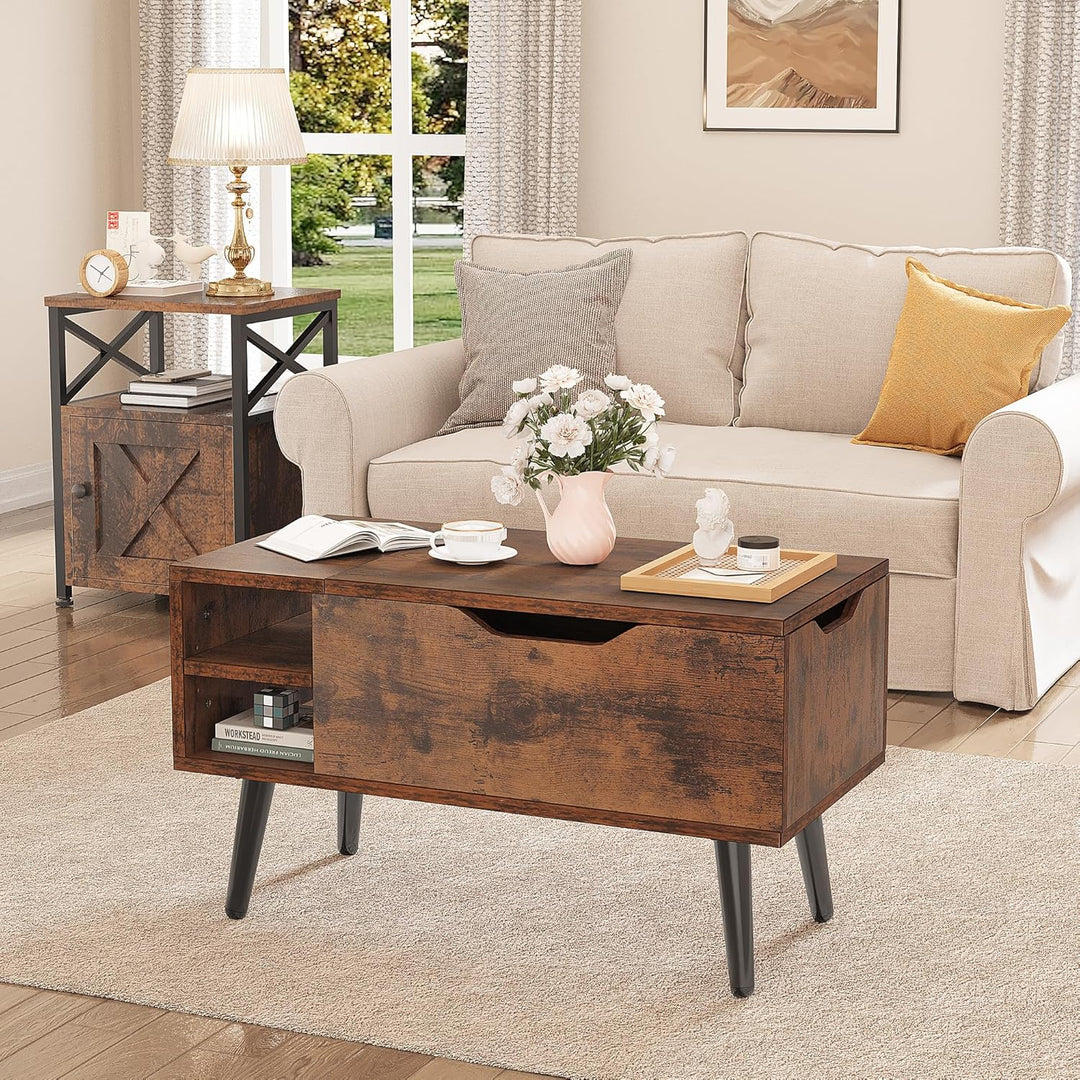 YITAHOME Couchtisch mit anhebbarer Platte und verstecktem Fach, verstellbare Ablagefläche, Federhebe