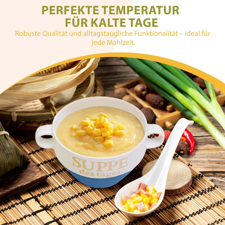 DRULINE 4 Stück Suppentasse aus Keramik mit Schriftzug Suppe des Tages Ø 13 cm Blau 4 Stück Blau, 4