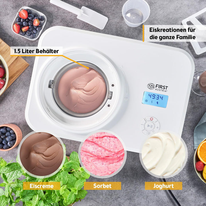TZS First Austria Eismaschine | 1,5L | Kompressor | Entnehmbarer Edelstahl Behälter | Rezeptheft | L