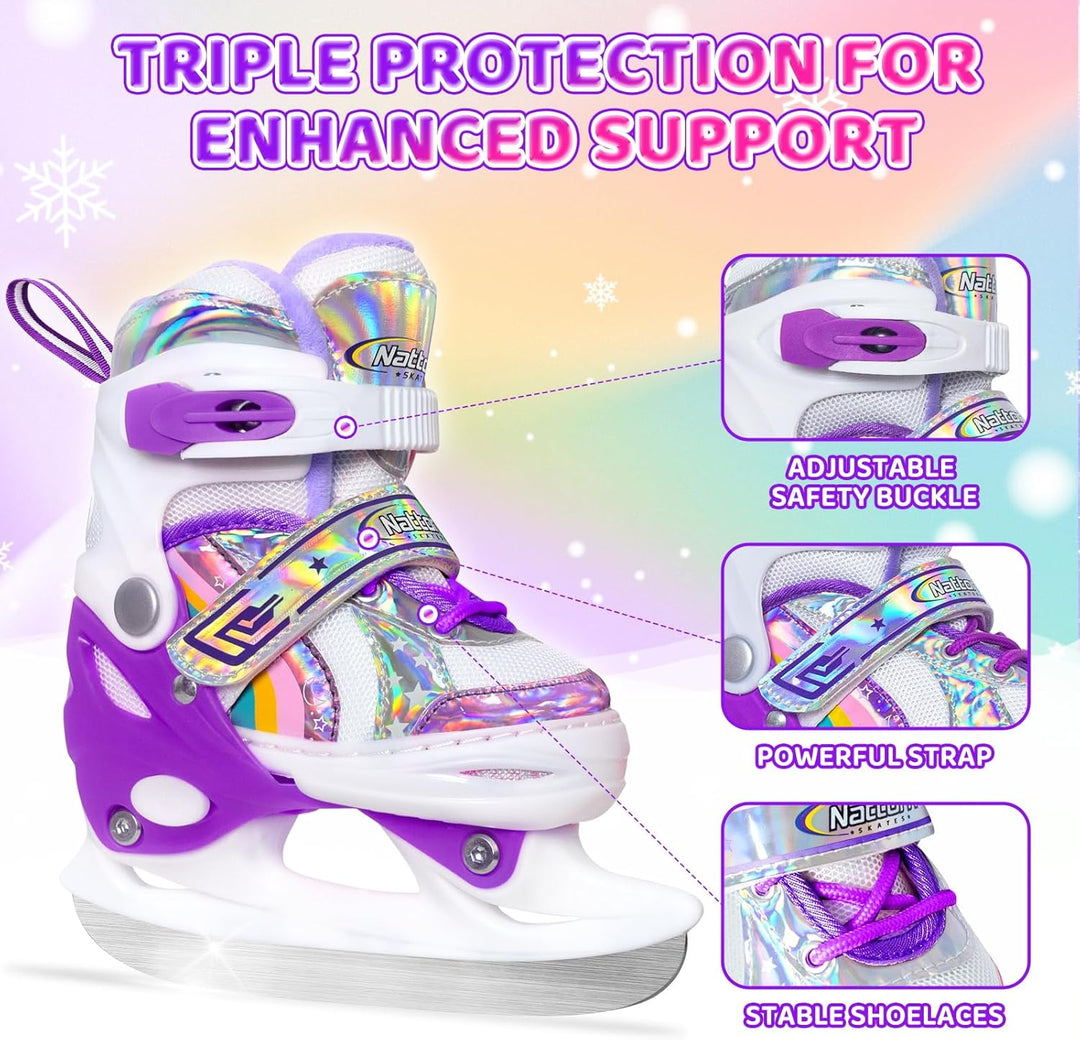 Nattork Mädchen Schlittschuhe für Kinder 4 Grössen verstellbar Regenbogen Schlittschuh mit Fleecefut