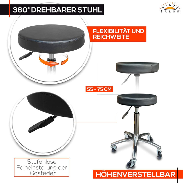 VAKON SALON - Rundocker auf hochwertigen Rollen - höhenverstellbarer Drehhocker 55-75 cm, Rollhocker