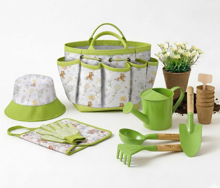 Kinder Gartengeräte Set 18-teilig - Gartenwerkzeug für Kinder inkl. Tragetasche, Giesskanne, Schürze