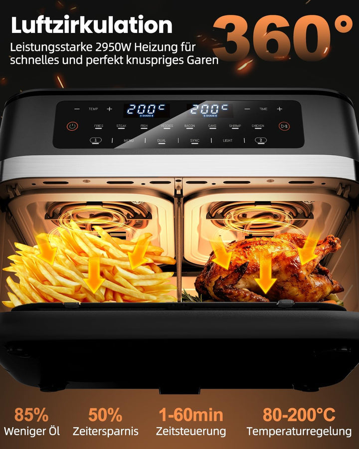 12L Airfryer XXL 2950W - Dual Zone Heissluftfritteuse - Grosse 8-in-1-Heissluftfritteuse mit Match &