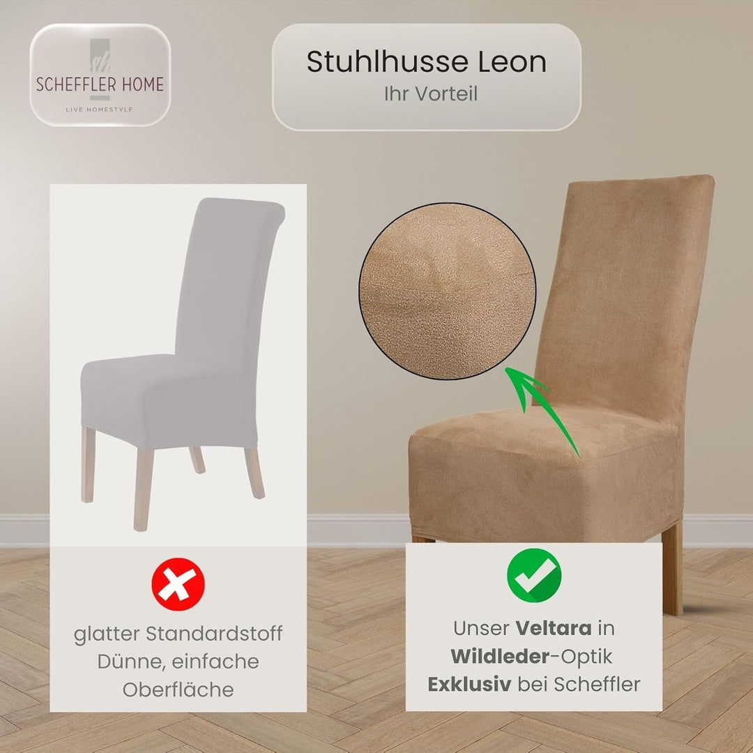 SCHEFFLER-Home Stuhlhussen 6er Set Leon Beige/elastische Wildleder Hussen für Stühle/Robustes Freisc