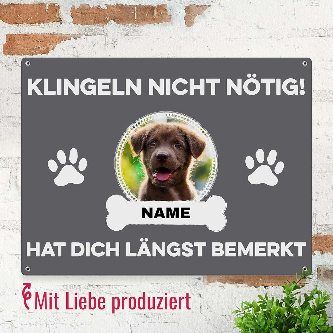 Hunde Schild personalisiert - Klingeln nicht nötig - Metallschild mit Foto und Name für aussen, wett