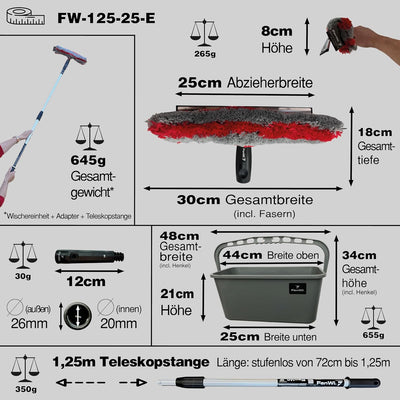 FenWi 1,25m Profi Komplett Set zur Glasreinigung mit 25/30cm Kombi Fensterabzieher Mikrofaser Einwas