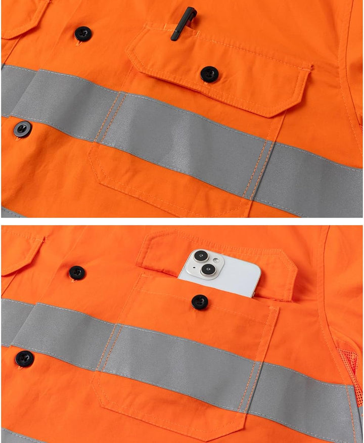 Yukirtiq Herren Button-Down-Arbeitshemd Reflektierendes Band Langarmshirts Arbeitsjacke Atmungsaktiv