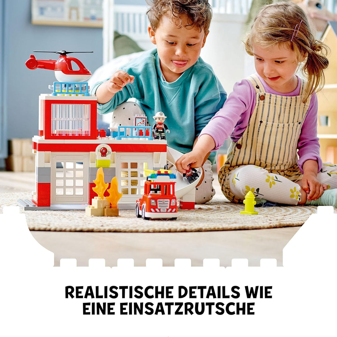 LEGO 10970 DUPLO Feuerwehrwache mit Hubschrauber, Feuerwehr-Spielzeug aus Bausteinen für Kleinkinder