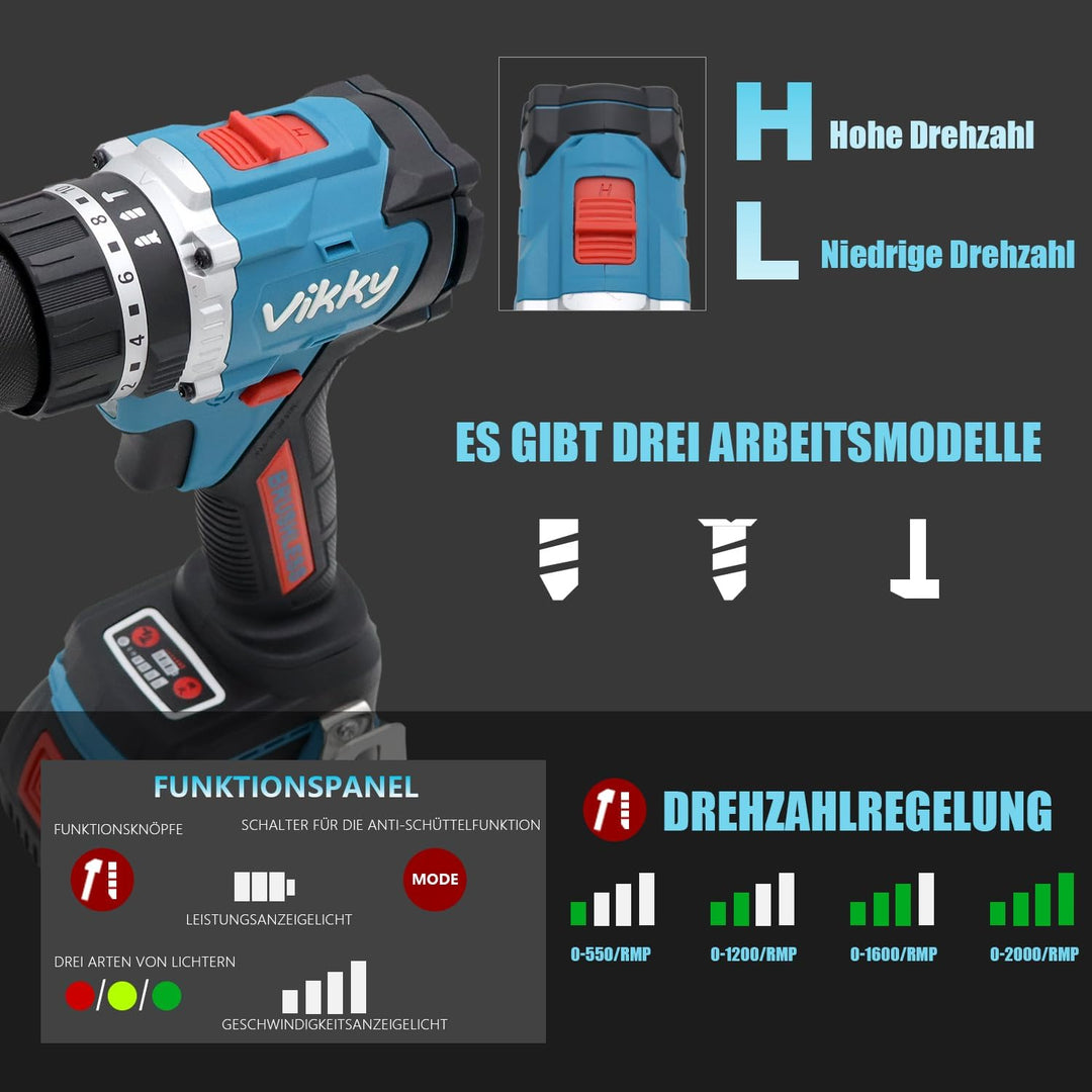 vikky Professional Akku-Schlagbohrschrauber BLSG100 (20V, Brushless, 100Nm, Schlagbohrfunktion, 2 Ga