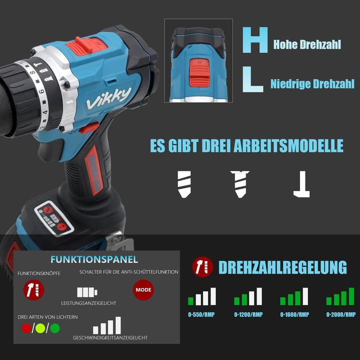 vikky Professional Akku-Schlagbohrschrauber BLSG100 (20V, Brushless, 100Nm, Schlagbohrfunktion, 2 Ga