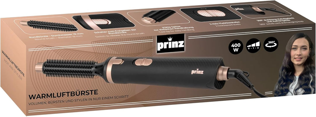 Prinz Warmluftbürste PZ-WLB2 – Föhnbürste 400 W, Rundbürste Ø 19 mm, 2 Heiz-/Gebläsestufen, Cool-Tou