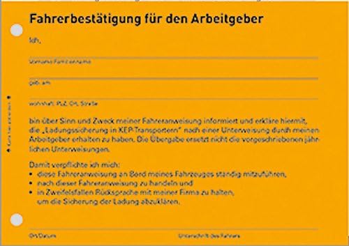 10er Pack Fahreranweisungen Ladungssicherung in KEP-Transportern Anweisung Anordnung Verhaltensregel