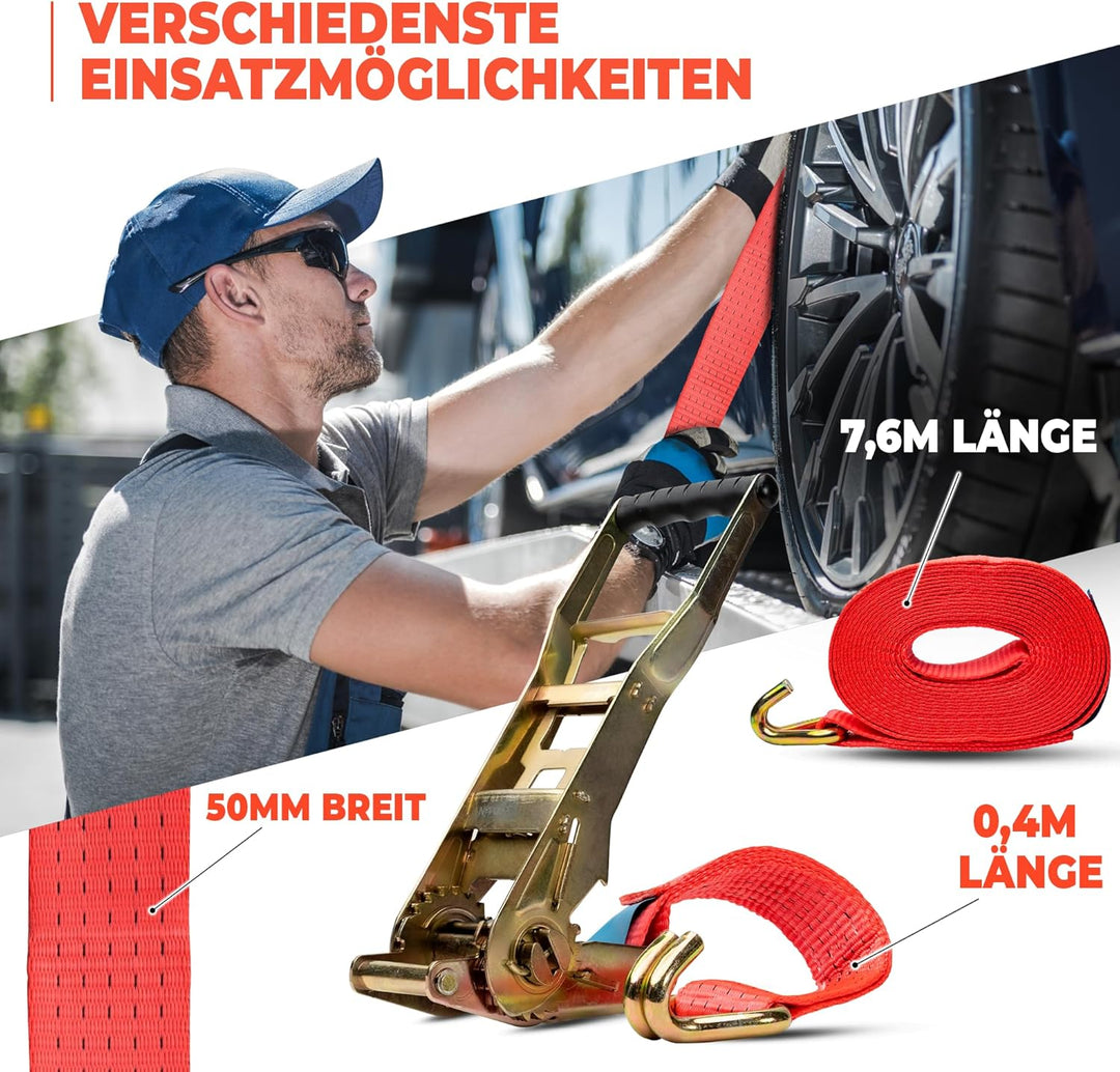 NTG Spanngurte mit Ergo-Ratsche 5000 kg 8 m - 4 Stück 2-teilig 50 mm TÜV/GS | Langhebelratsche mit H