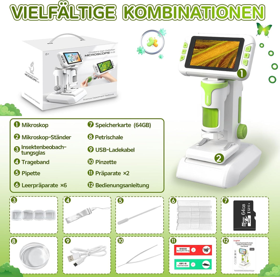 Mikroskop für Kinder, Digitales Mikroskop mit 4 Zoll LCD-Display und 1600X Grosse Vergrösserung, Mic