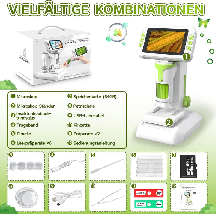 Mikroskop für Kinder, Digitales Mikroskop mit 4 Zoll LCD-Display und 1600X Grosse Vergrösserung, Mic