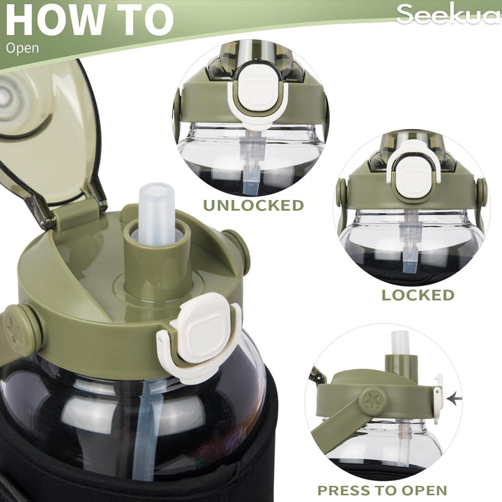 Seekua 1l Trinkflasche Glas Flasche mit Strohhalm & Zeitmarkierung, 1 liter Wasserflasche mit Frücht