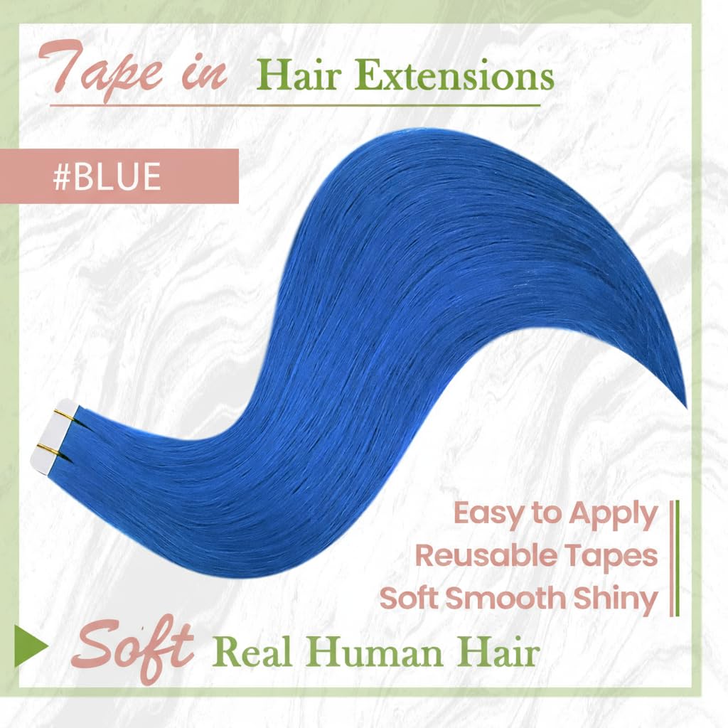 RUNATURE Echthaar Extensions Tape Blau 35cm Echte Haare 10 Stück Unsichtbare Tape Extensions Echthaa