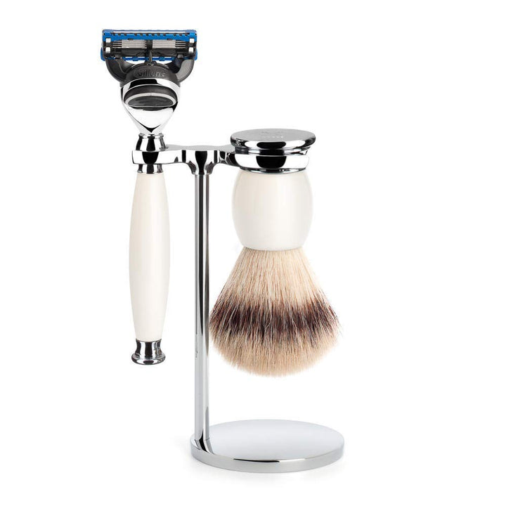 MÜHLE Rasierset - Sophist Serie - Silvertip Fibre - kompatibel mit Gillette-Klingen - Porzellan weis