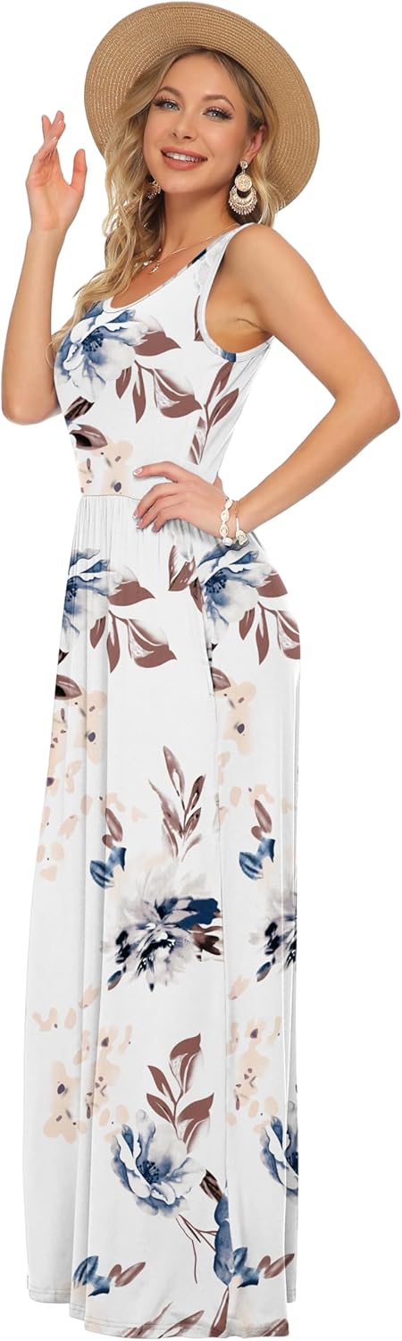 AUSELILY Damen Sommer Ärmelloses Lockeres Maxikleid Lässiges Langes Kleid mit Taschen Weisse Blumen