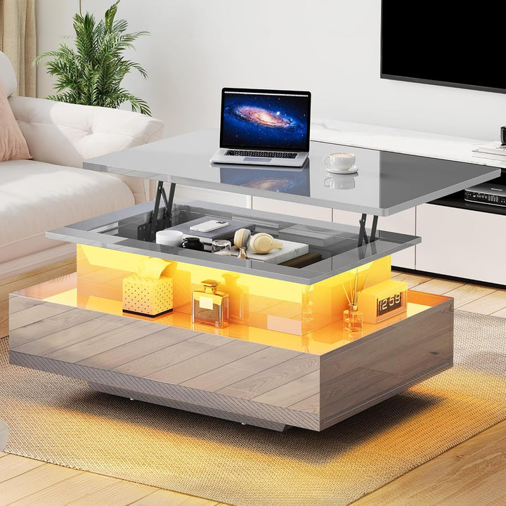 YITAHOME Couchtisch Hochglanz mit LED-Streifen, Couchtisch mit Ablagefläche für Wohnzimmer, moderner