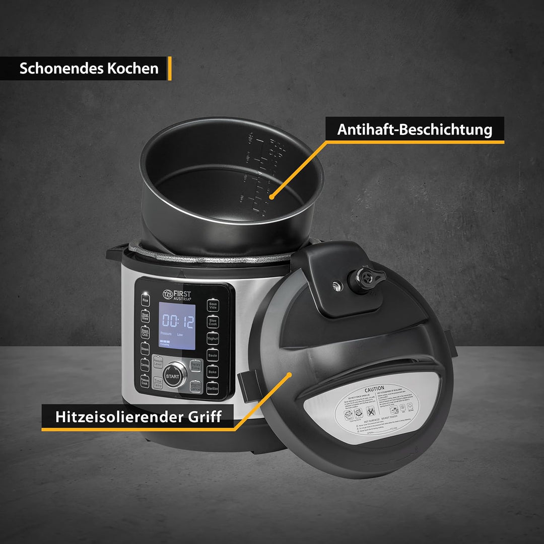 TZS First Austria Druckkochtopf elektrisch 6L | Multikocher | 12 Programme Schnellkochtopf | Reiskoc