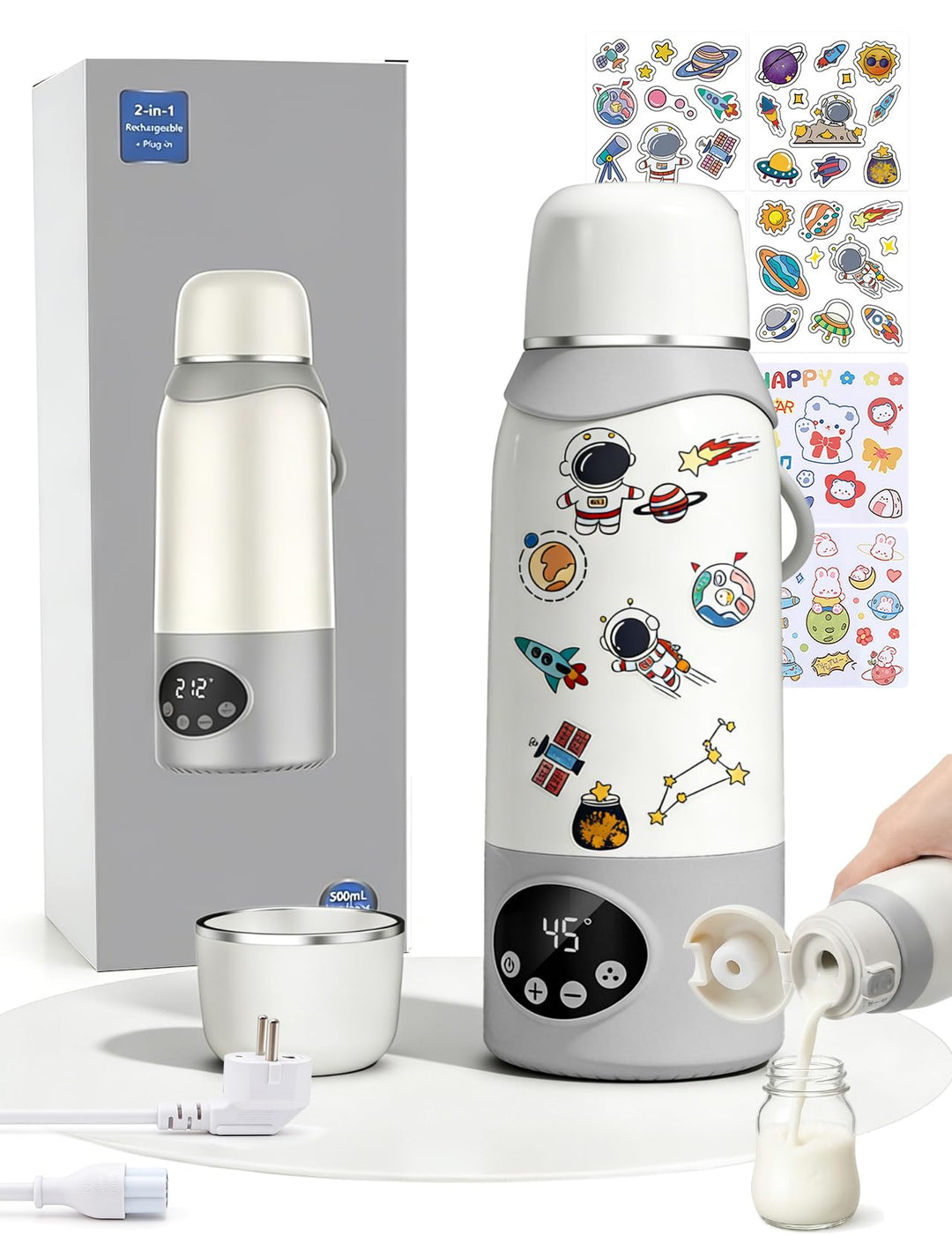 Tragbarer Flaschenwärmer für Baby unterwegs, 500ml Babyflaschenwärmer, 320W Schnellwärmung，unterstüt