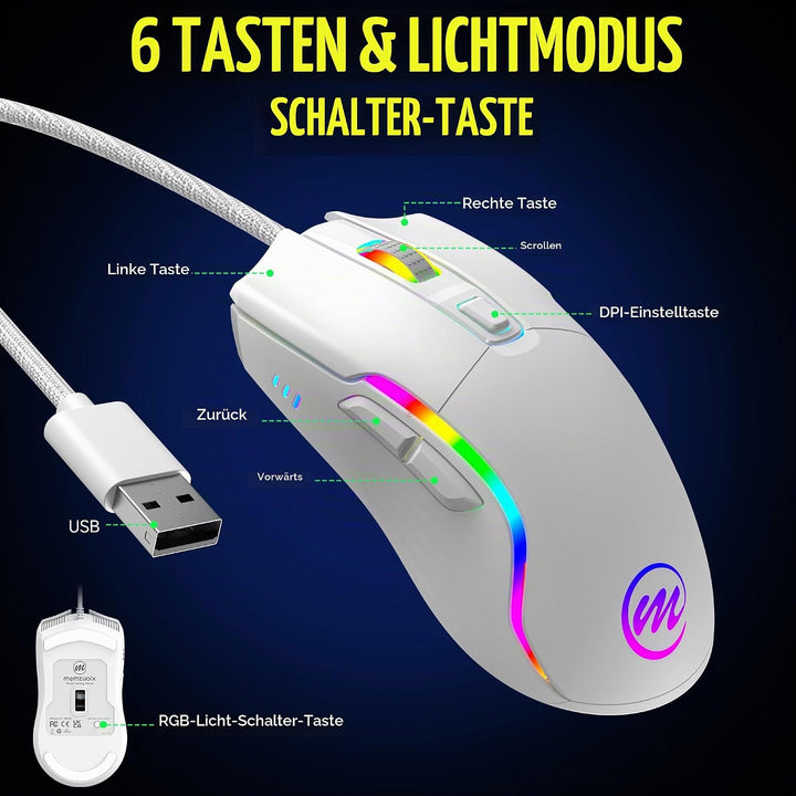 memzuoix Gaming Maus mit Kabel und LED-Lichtern – 12.800 DPI einstellbar, 6 Tasten, 12 RGB-Modi, Erg